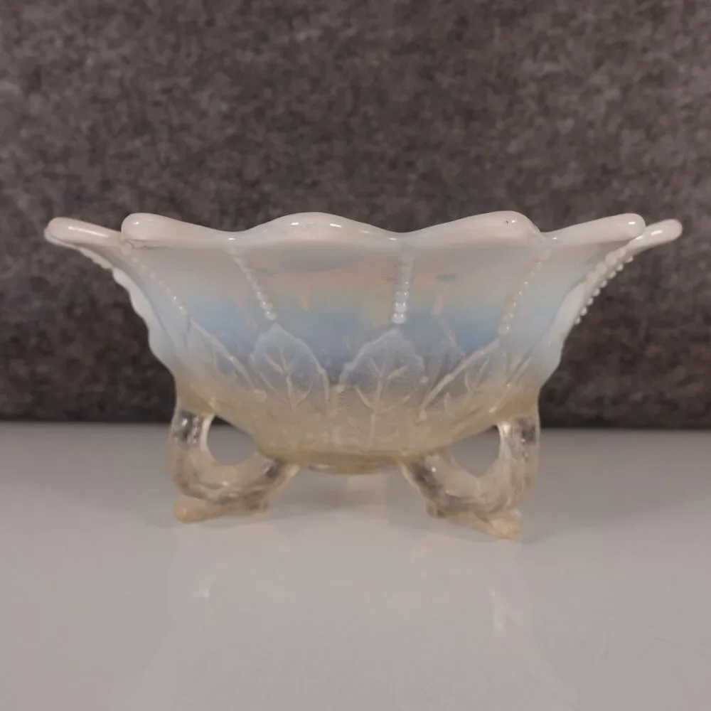 Vintage Clear to Opalescent 3 Footed Scalloped Edge 7 Inch Bowl with Leaves